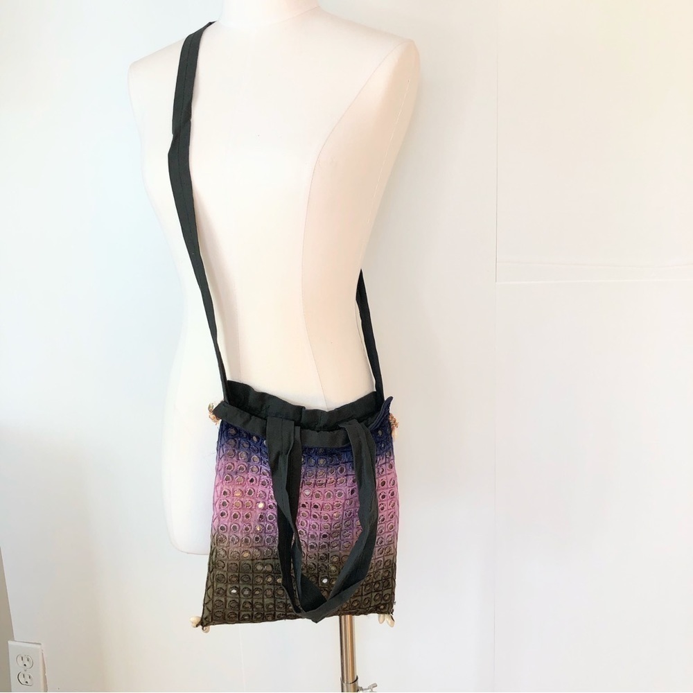 OMBRÉ blue lavender mirror embellished cotton crossbody indie boho bag